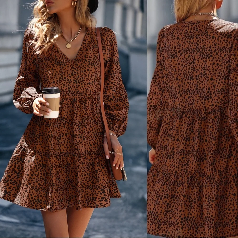 Boho Long Lantern Sleeve print Smock Dress - Picture 2 of 3
